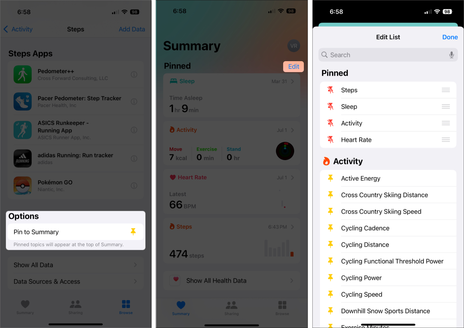 Rearrange the steps position on health app