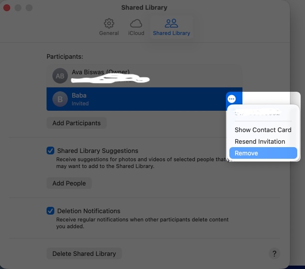 Remove participants from shared library