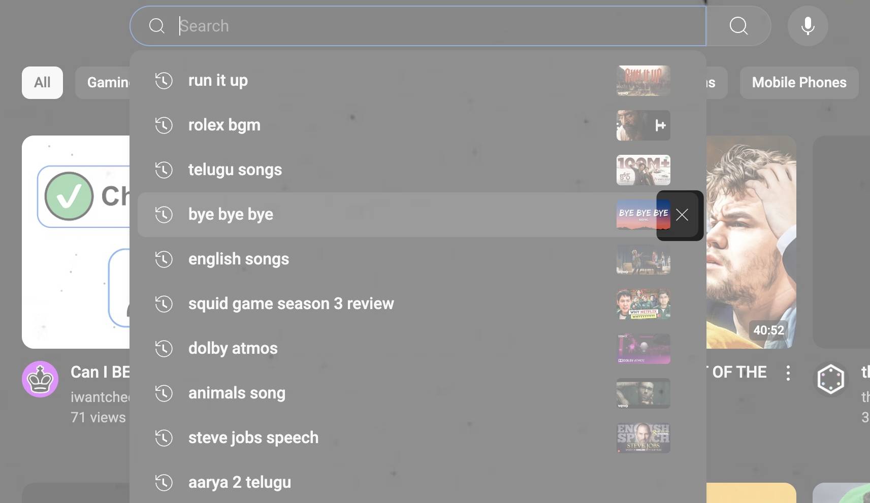 How to delete youtube searches one by one