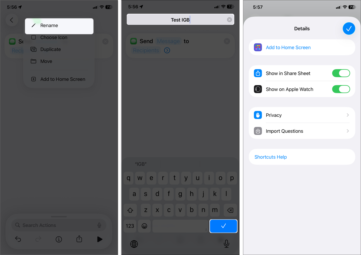 Rename shortcut name and tap on right sign to save it