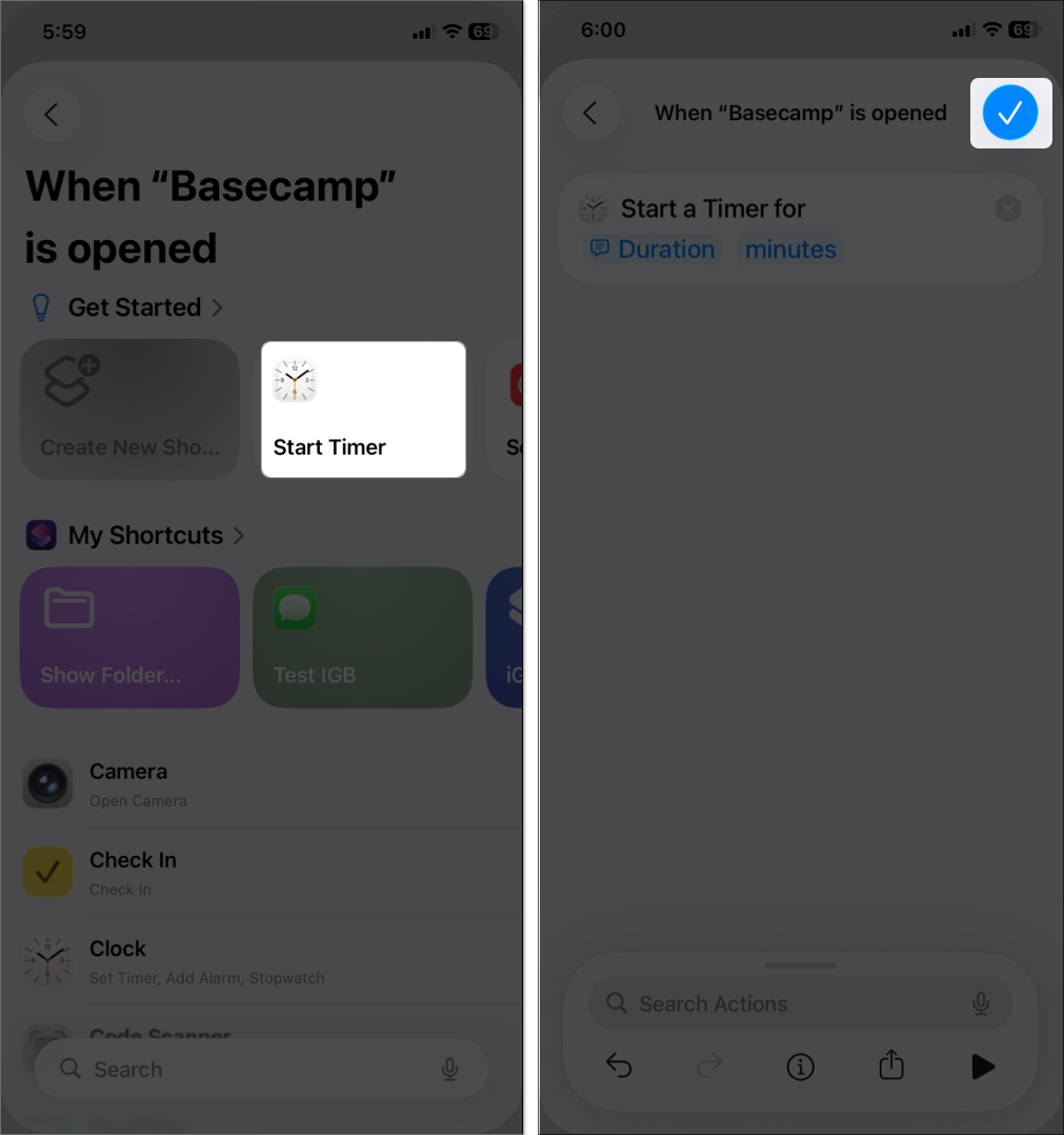 Select actions and tap the checkmark to save