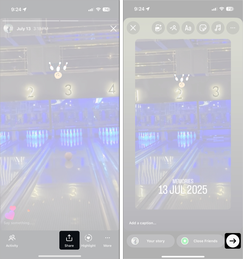 Select one story and tap share button to add in instagram story