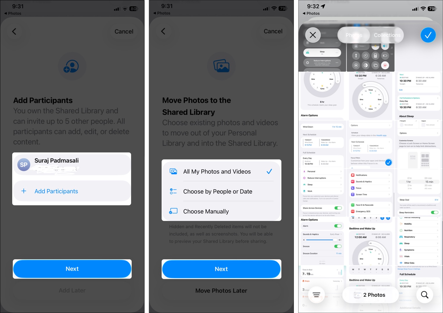 Select photos and videos to move to shared library