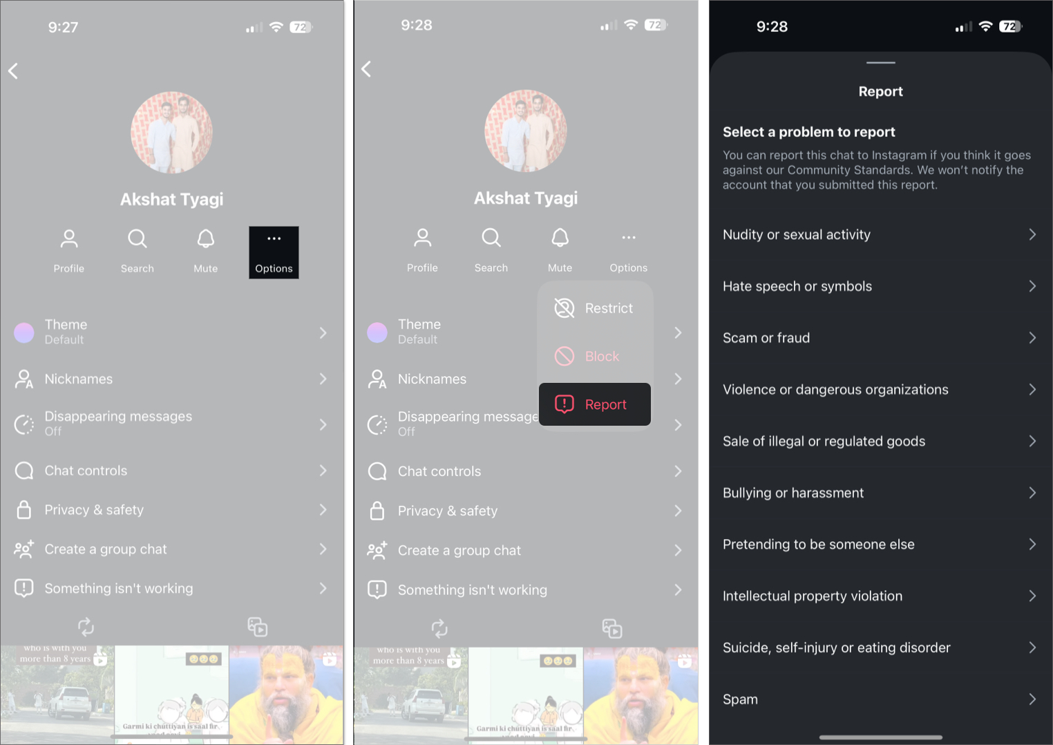 Select problem and report spam on instagram
