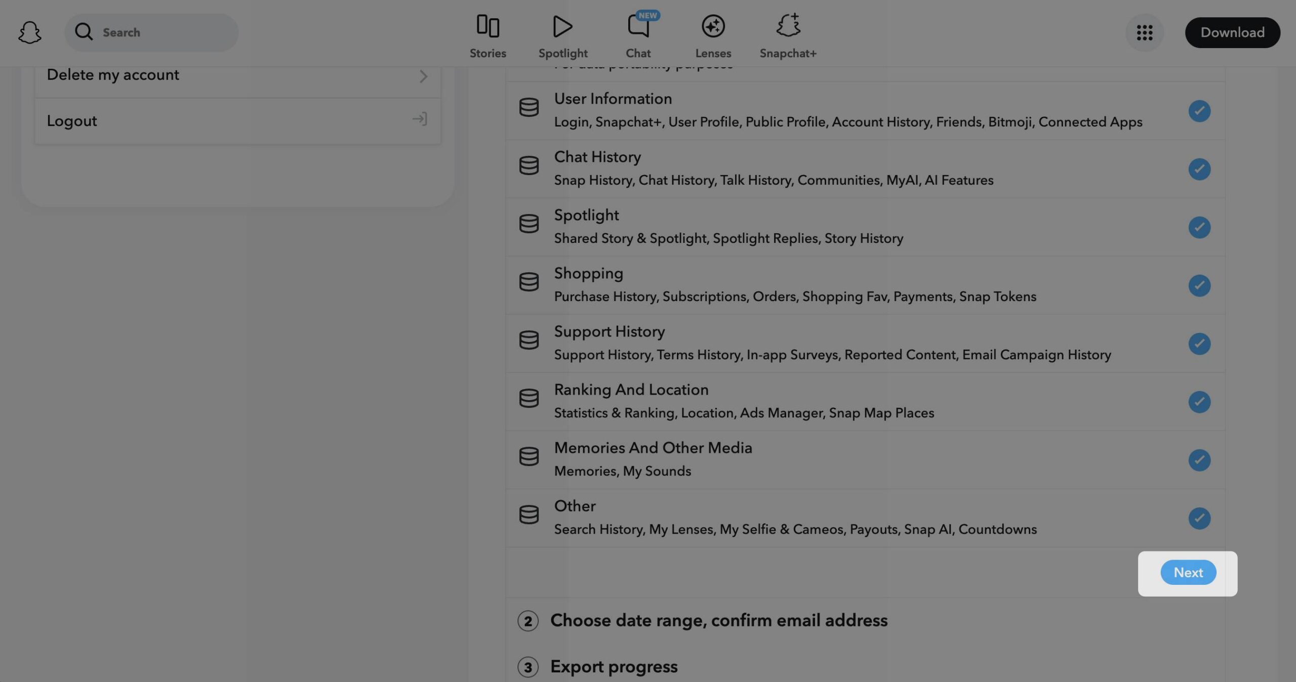 Selecting data to export on snapchat