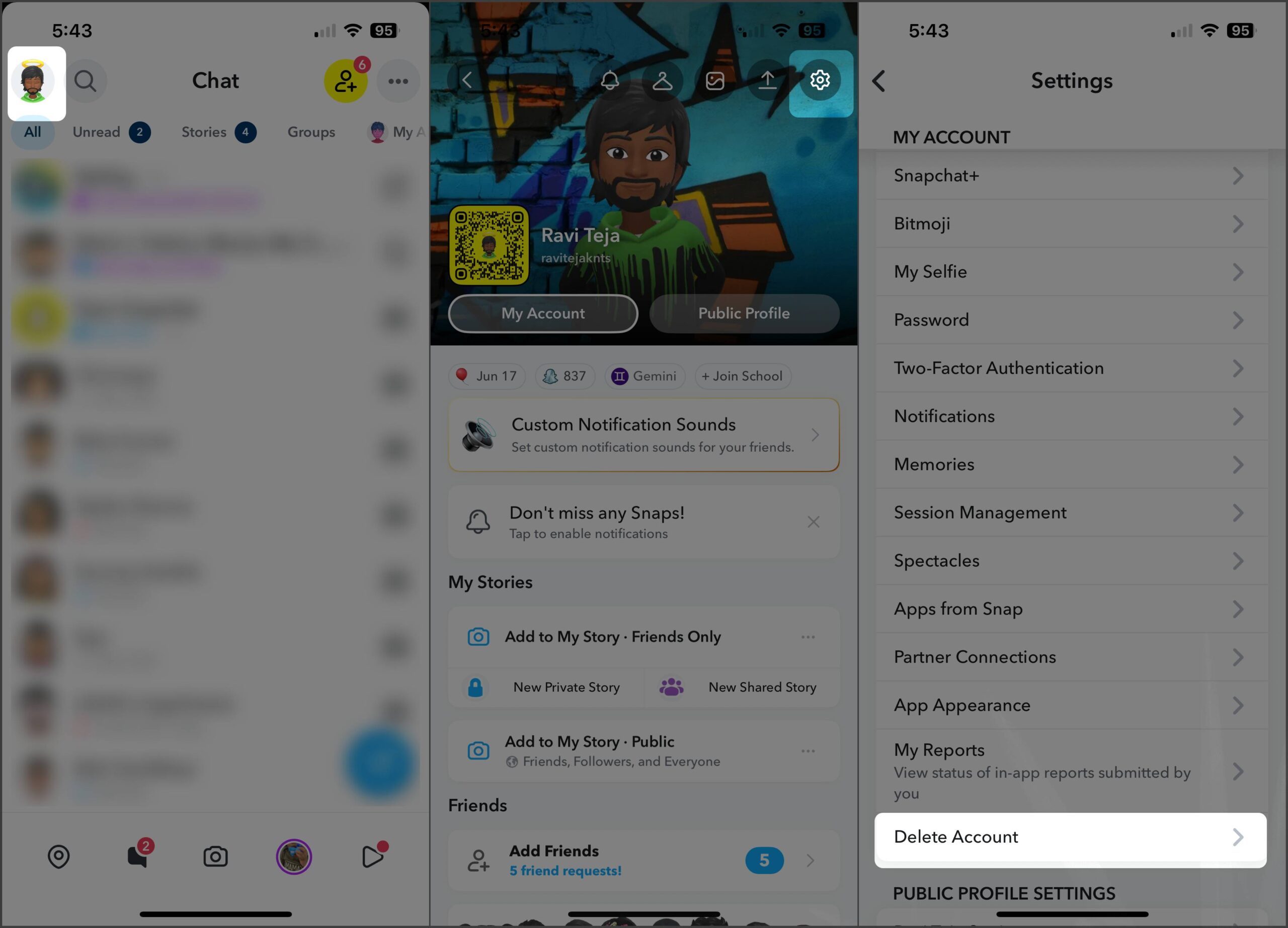 Snapchat delete account