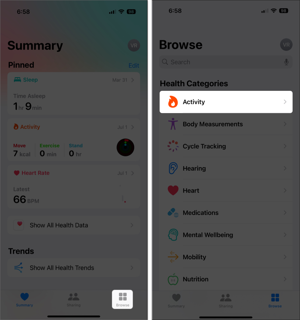 Tap on activity option in the health app