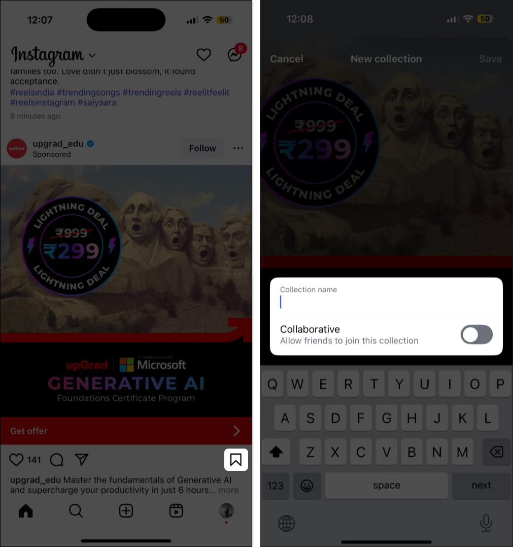 Tap on bookmark icon to save ads in instagram