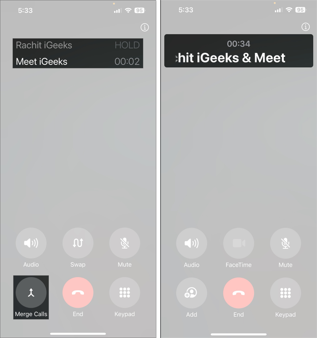 Tap on merge calls to make a conference call on iphone