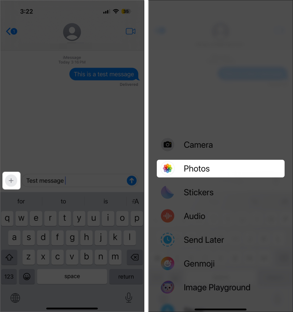 Tap on plus icon and access photos in the imessage app