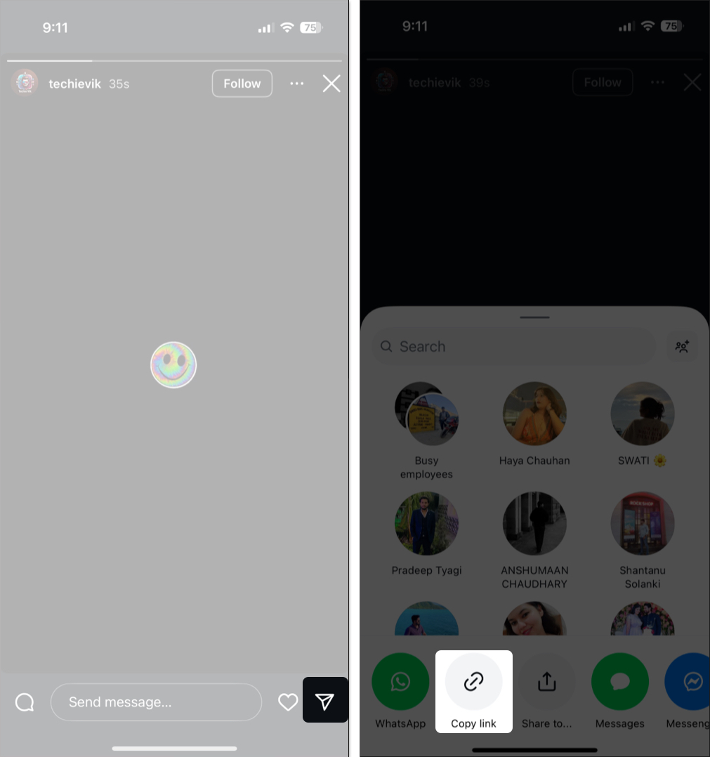 Tap on send icon and select copy link
