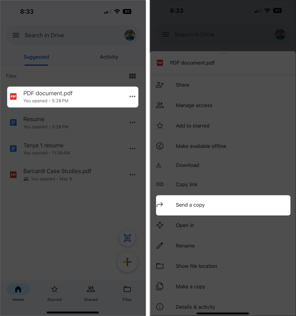 Tap on three dot and choose send a copy option