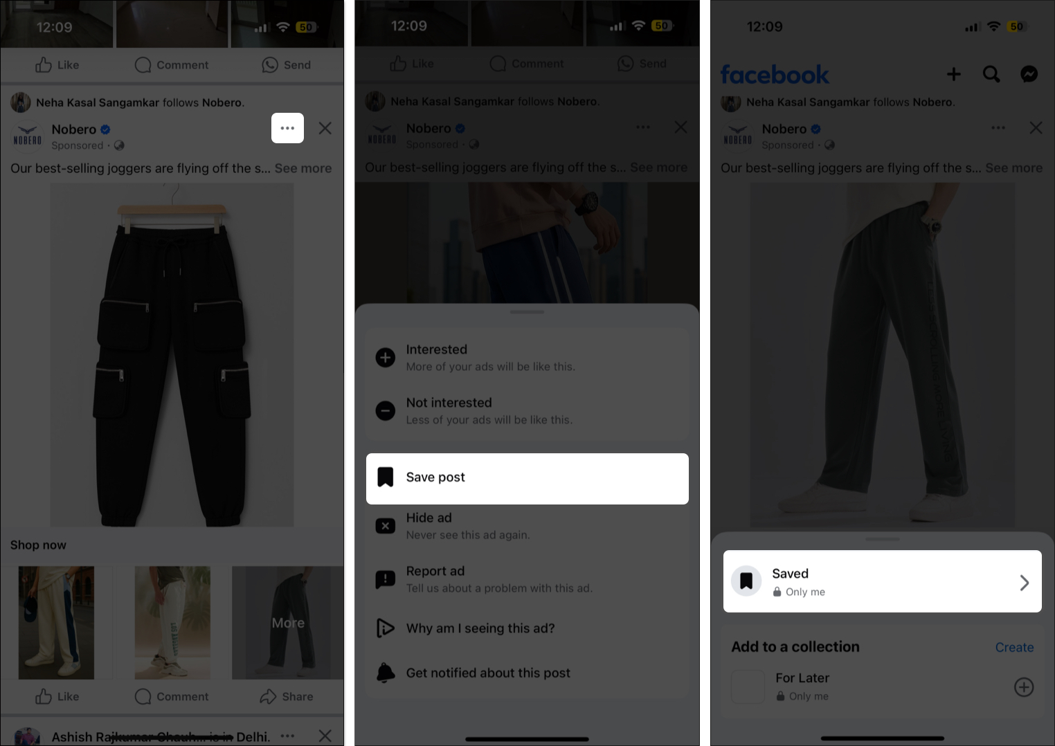 Tap on three dot and save ad on facebook