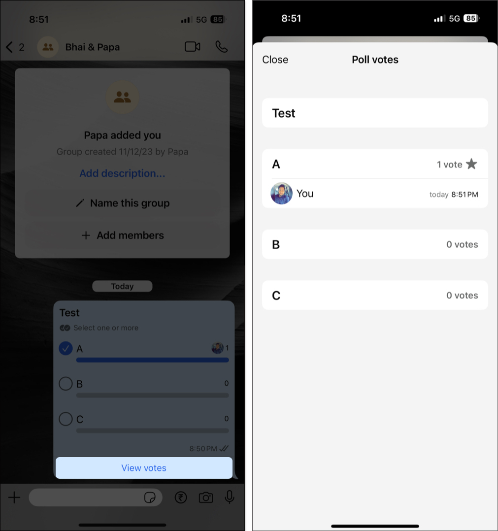 Tap on view votes to see poll results on whatsapp