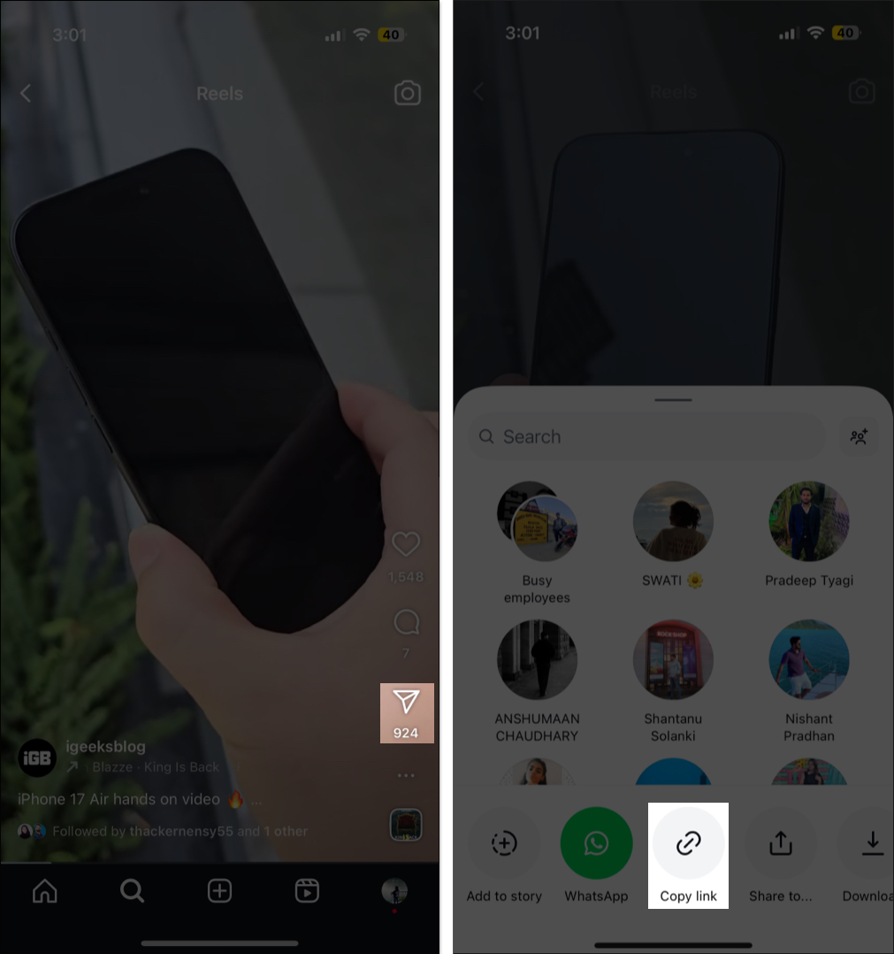 Tap share icon and find copy link option