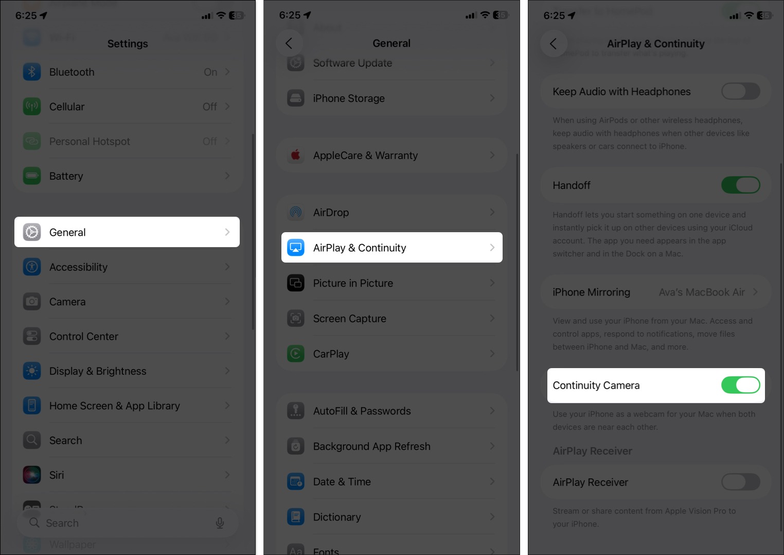 Toggle on continuity camera from iphone settings