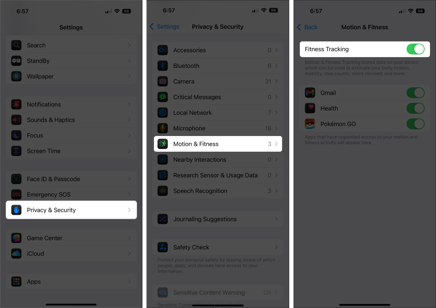 Toggle on fitness tracking in iphone settings