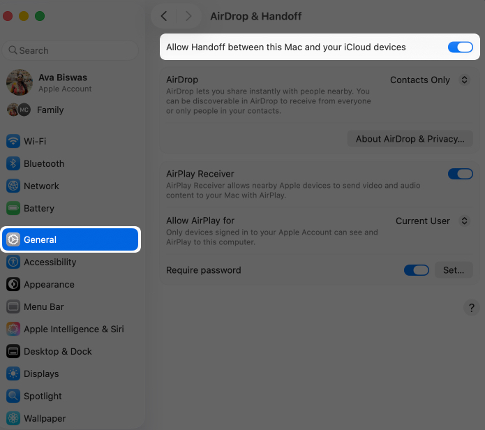 Toggle on handoff on mac