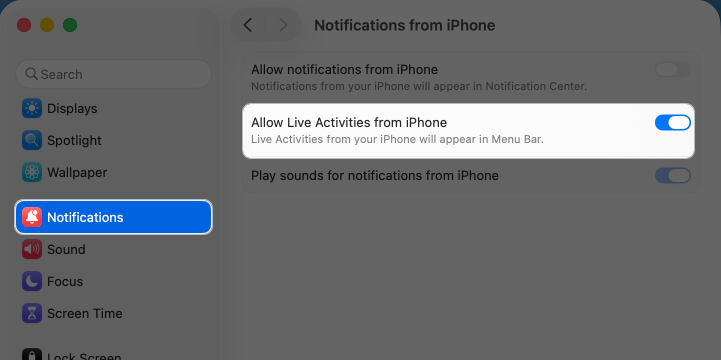 Toggle on live activities from iphone on mac