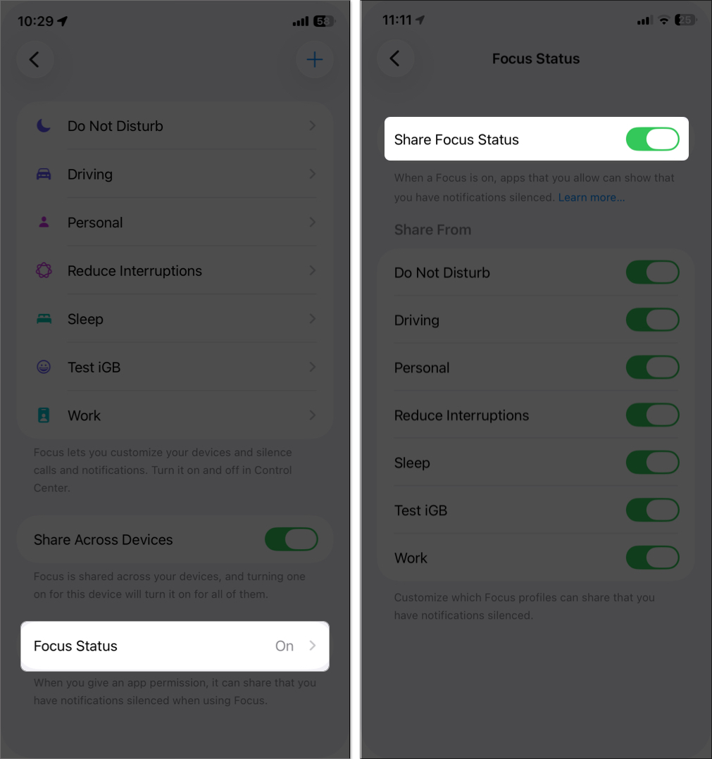 Toggle on share focus status
