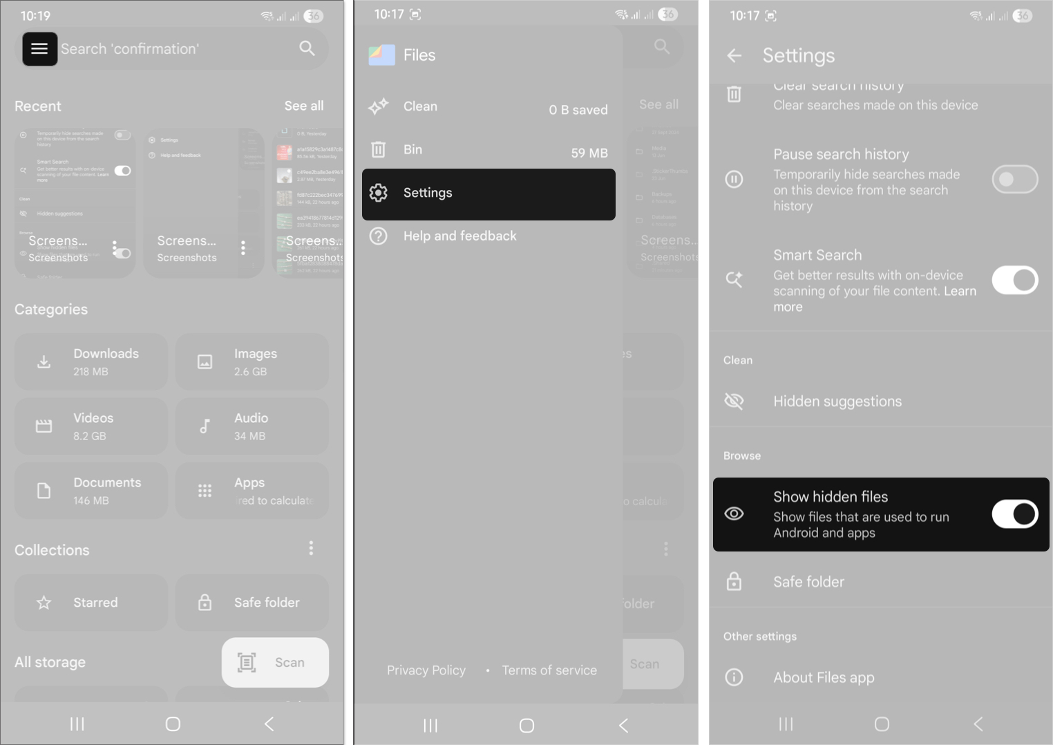 Toggle on show hidden files in files app