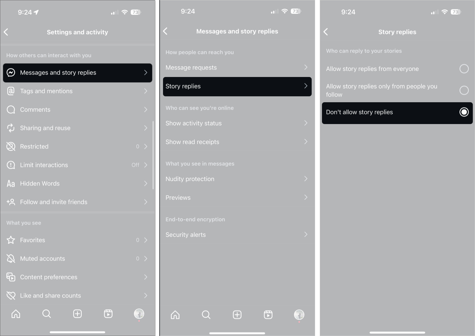 Turn off story replies on instagram