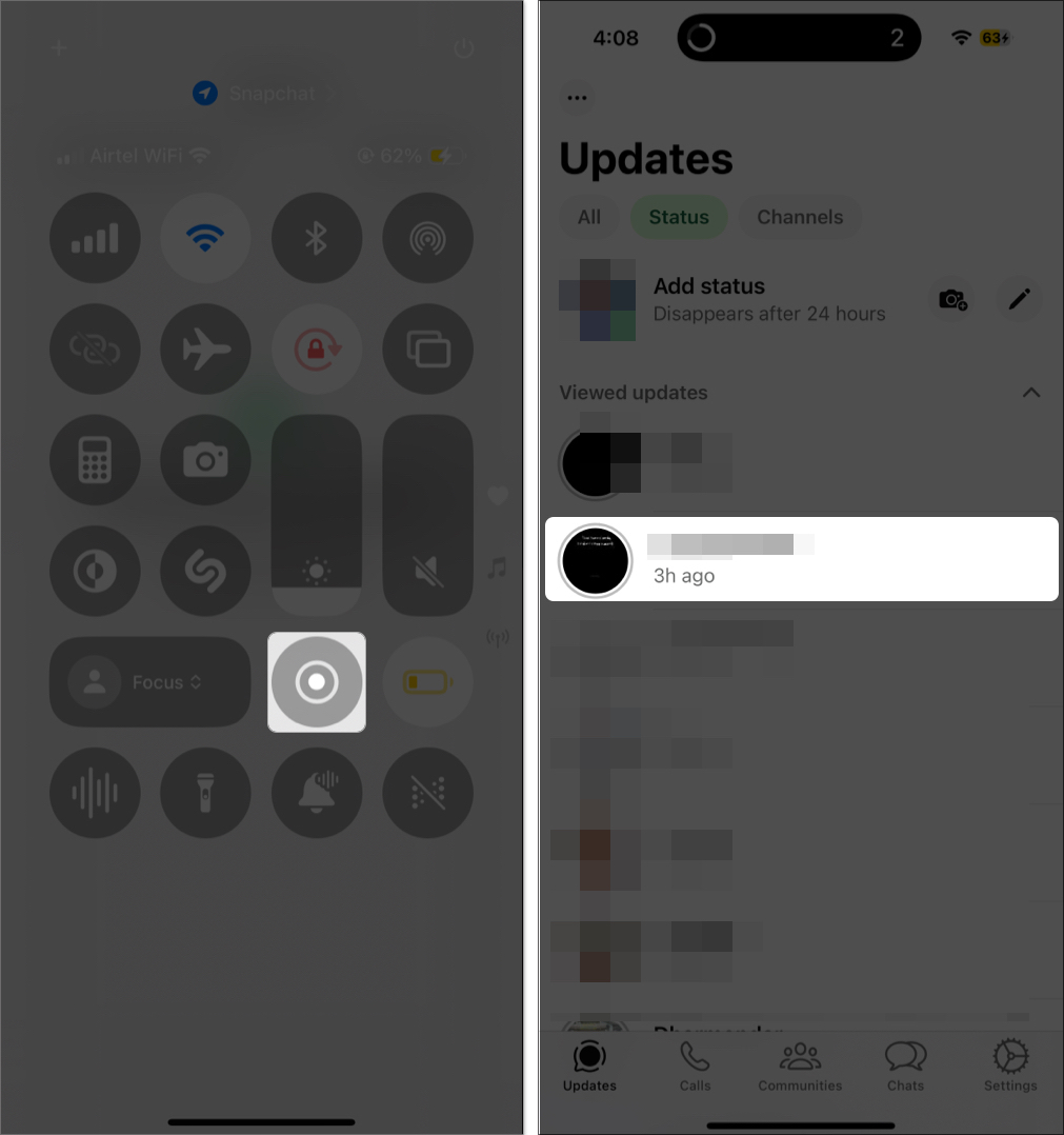 Turn on recording from control center on the iphone