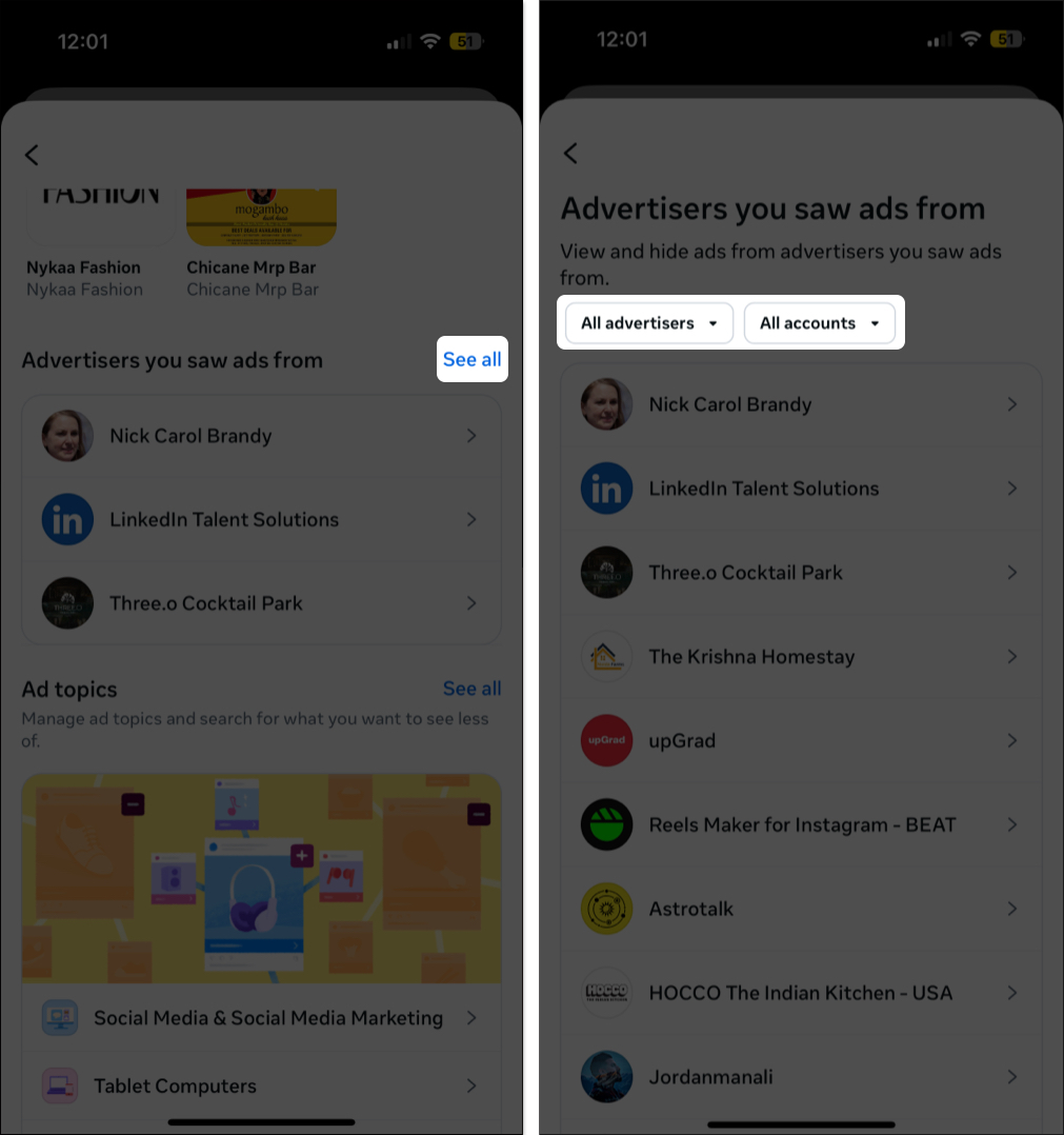 View recent advertisers you saw ads from