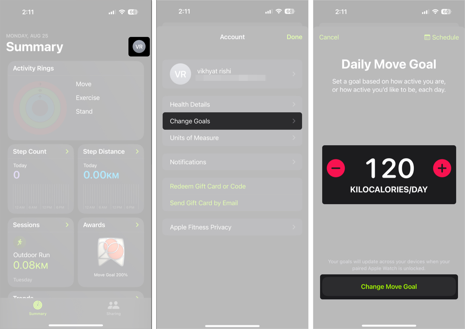 Tap on profile then click change goals option