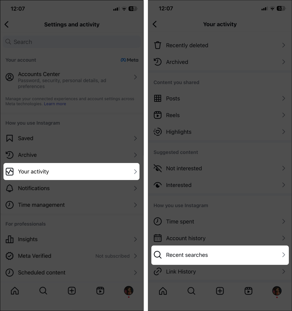 Access recent searches from instagram settings
