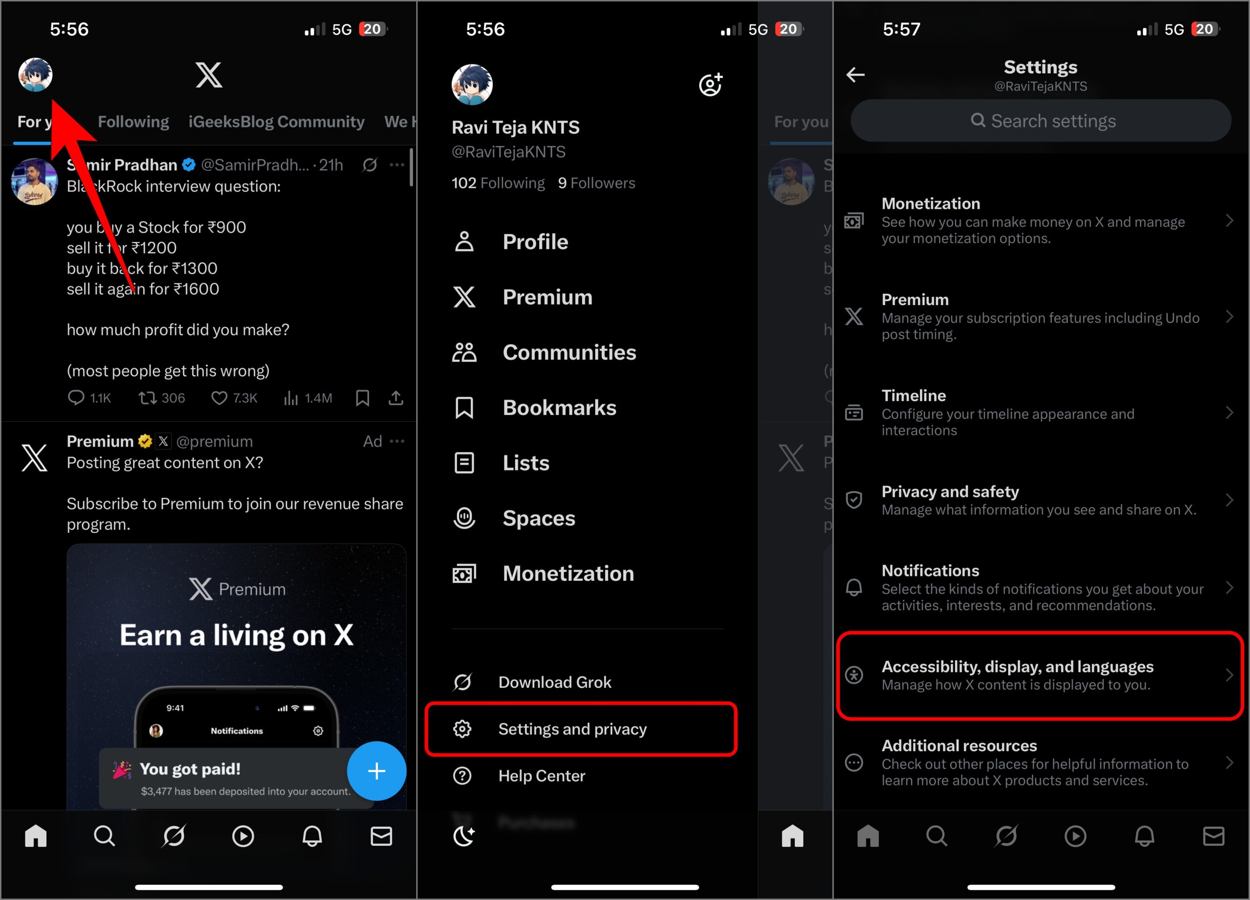 Accessibility settings on x