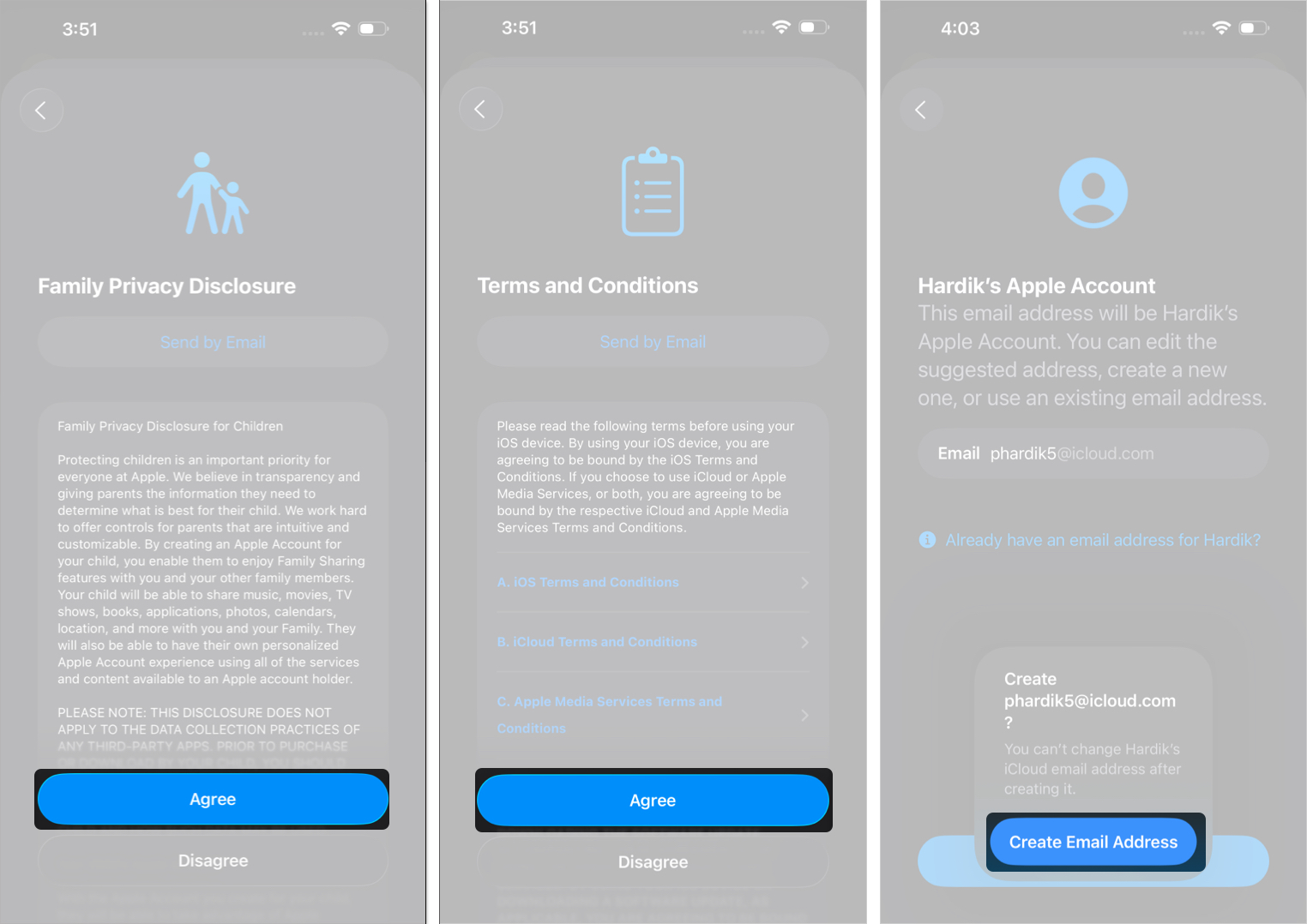 Add child email address to create child account using
