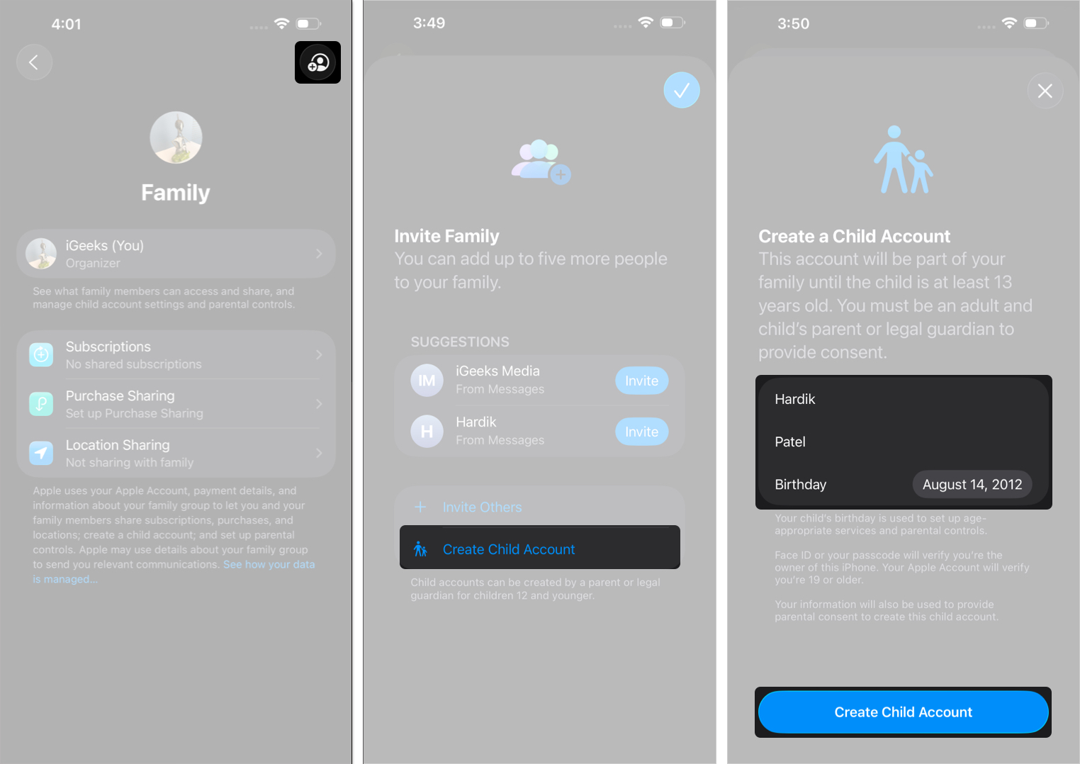 Add details to create child account