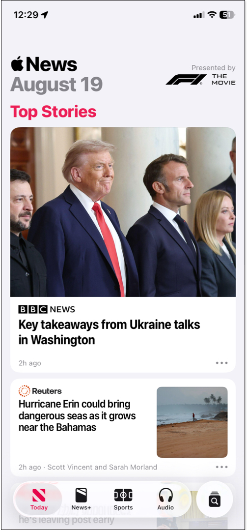 Apple news home page today tab