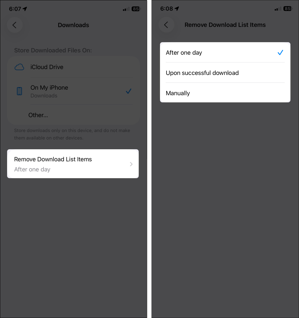 Change settings for auto clear download list