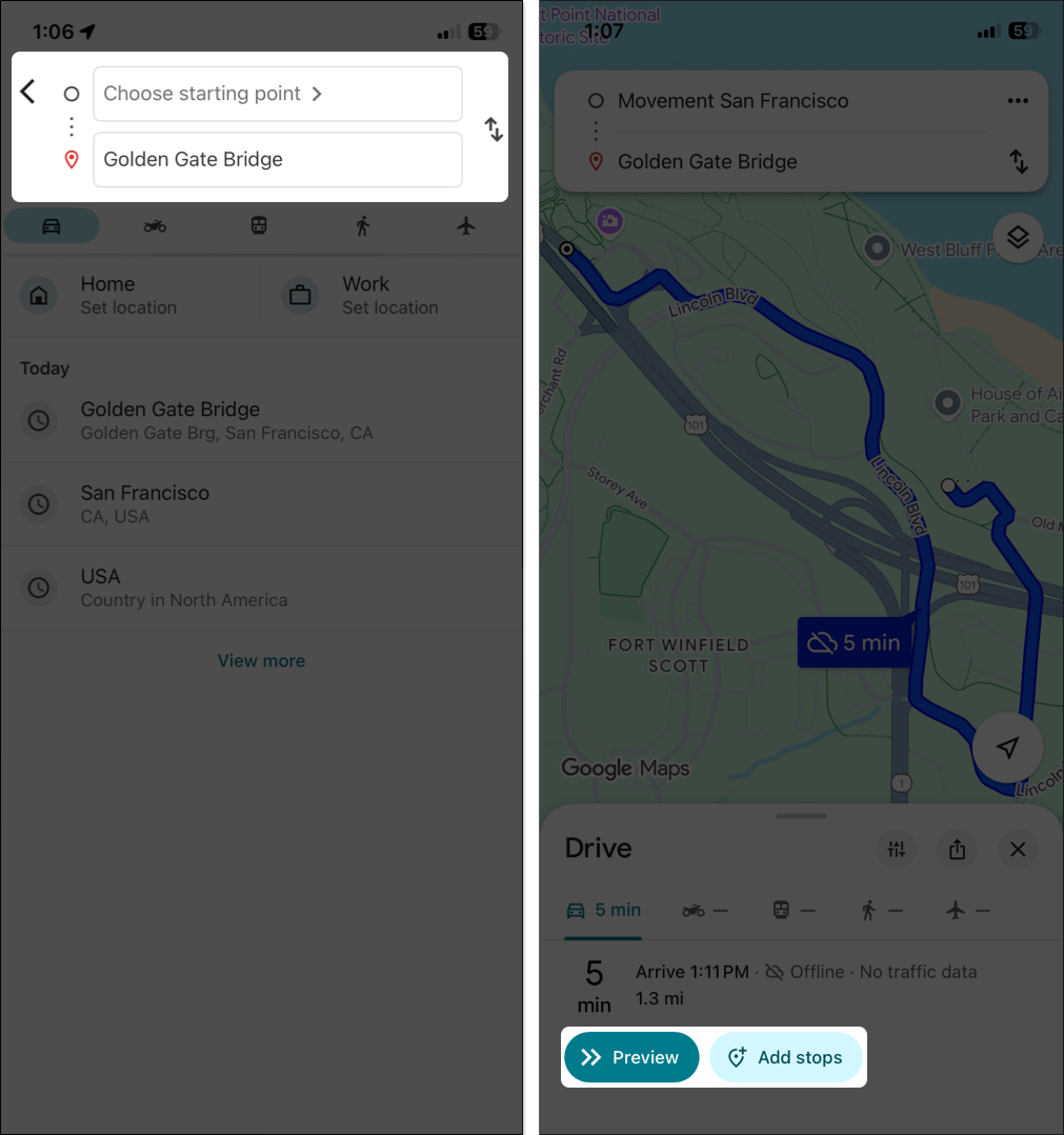 Choose starting point select driving mode and start navigation