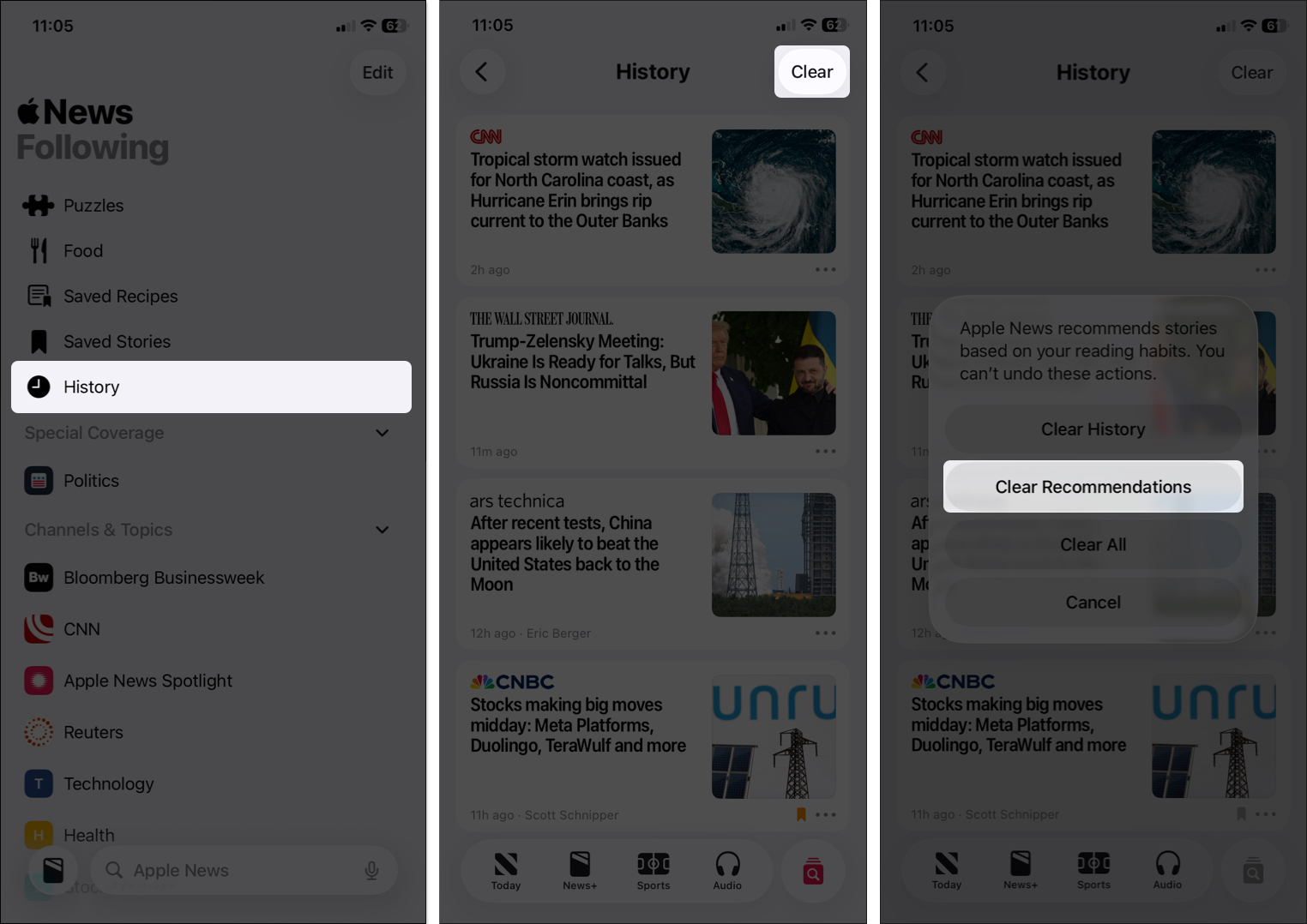 Clear history to reset algorithm for news suggestions