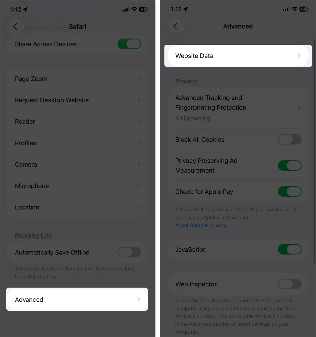 Clear website data from iphone settings