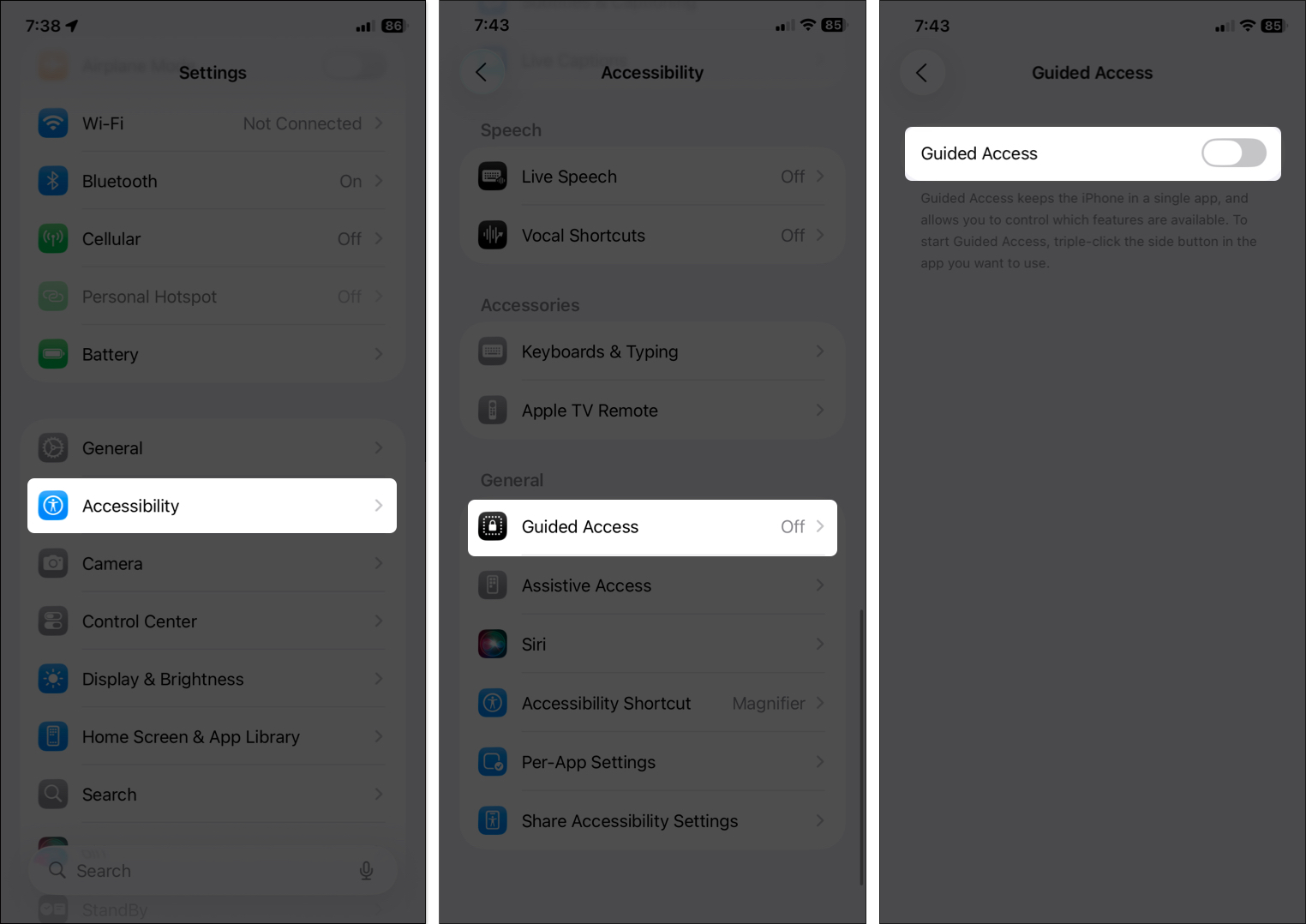 Disable guided access from iphone settings