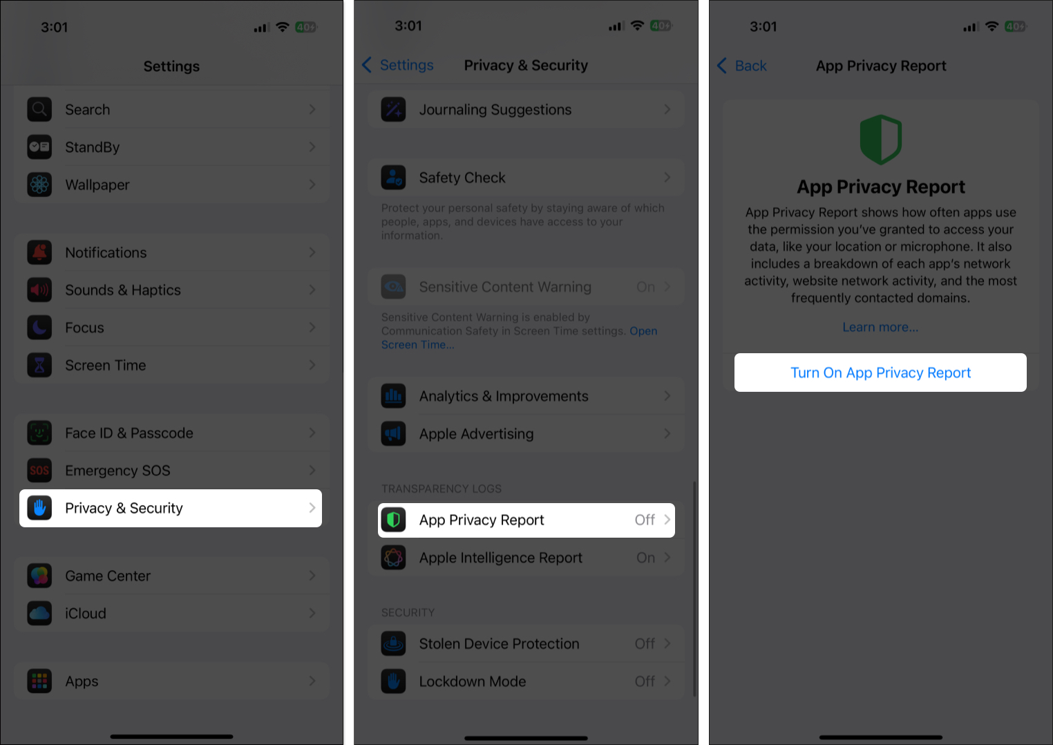 Enable app privacy reports from iphone settings