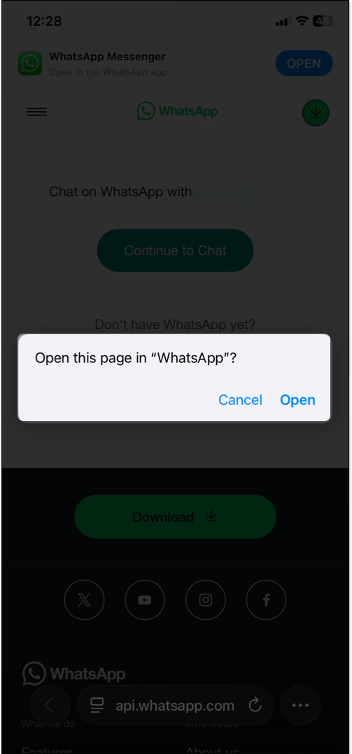 Enter full url and click to open whatsapp chat
