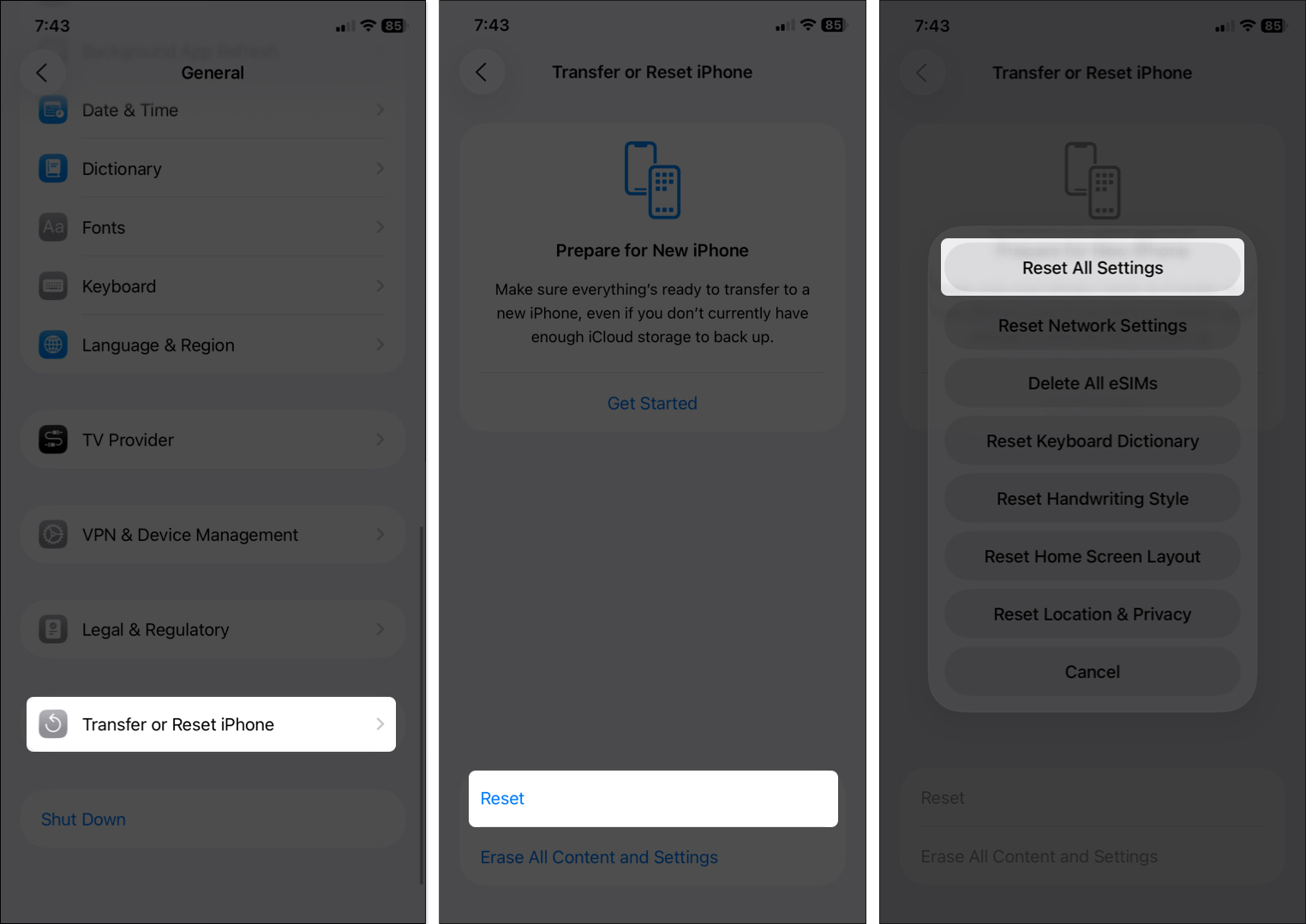 Get reset all settings option in iphone settings