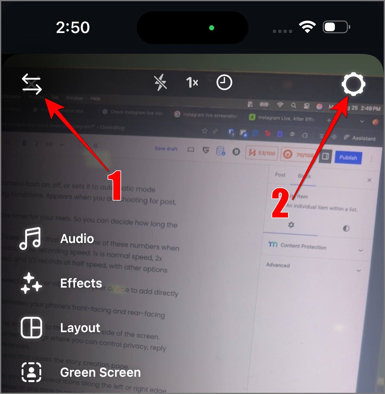 Content creation settings icons on Instagram