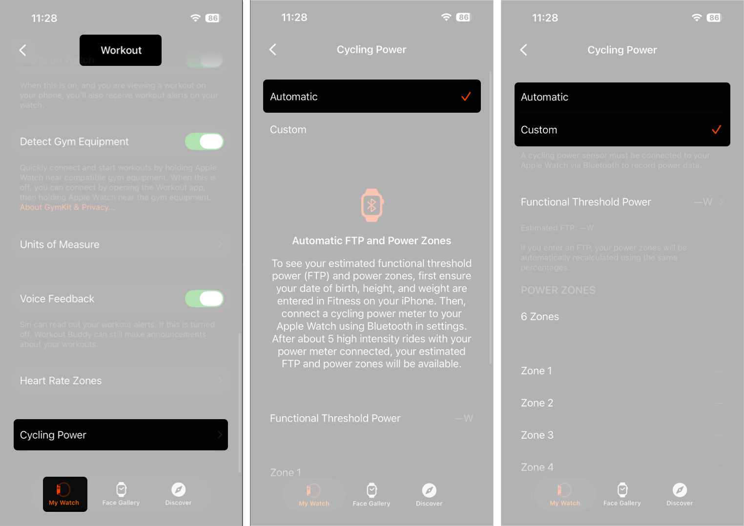 Manage power zones for cycling workouts