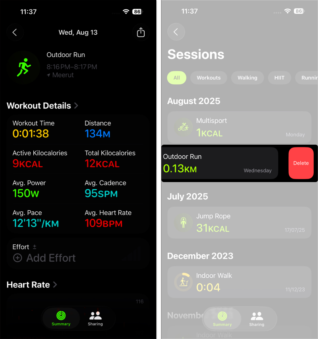 Manage workout data on watch app on iphone