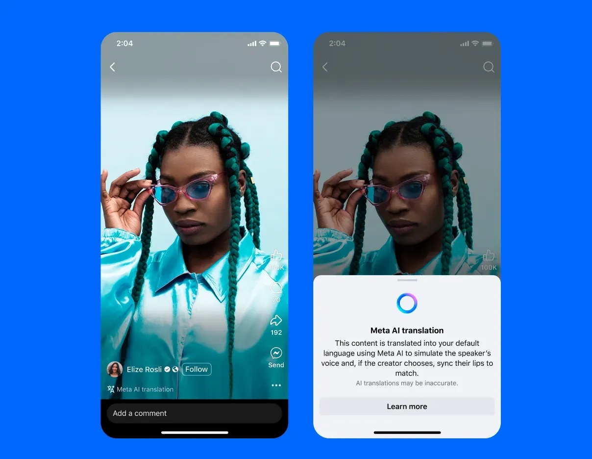 Instagram reel with meta ai translation label showing a translated video in the viewers preferred language with voice and lip sync