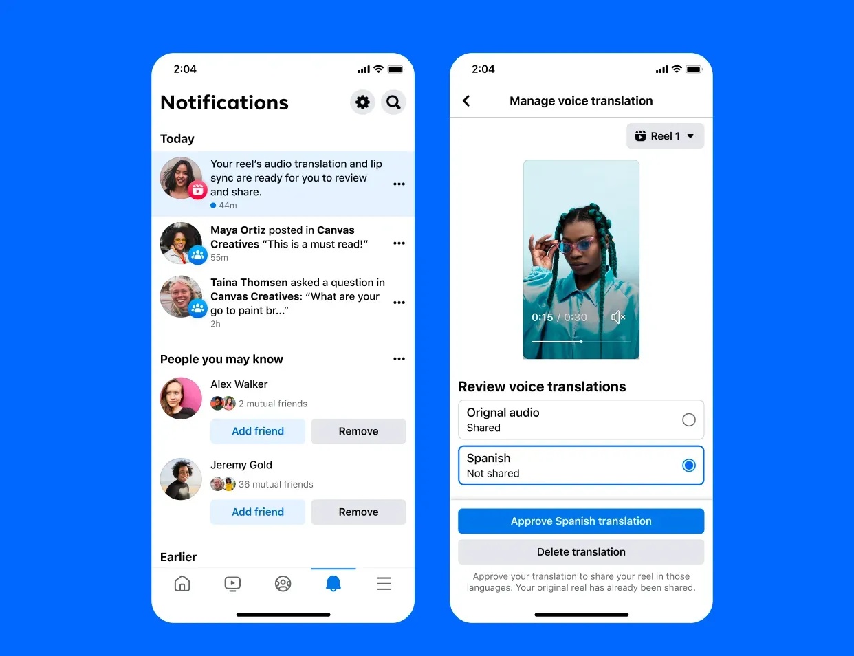 Facebook notification panel and voice translation review screen allowing creators to approve or delete ai generated spanish dubbing