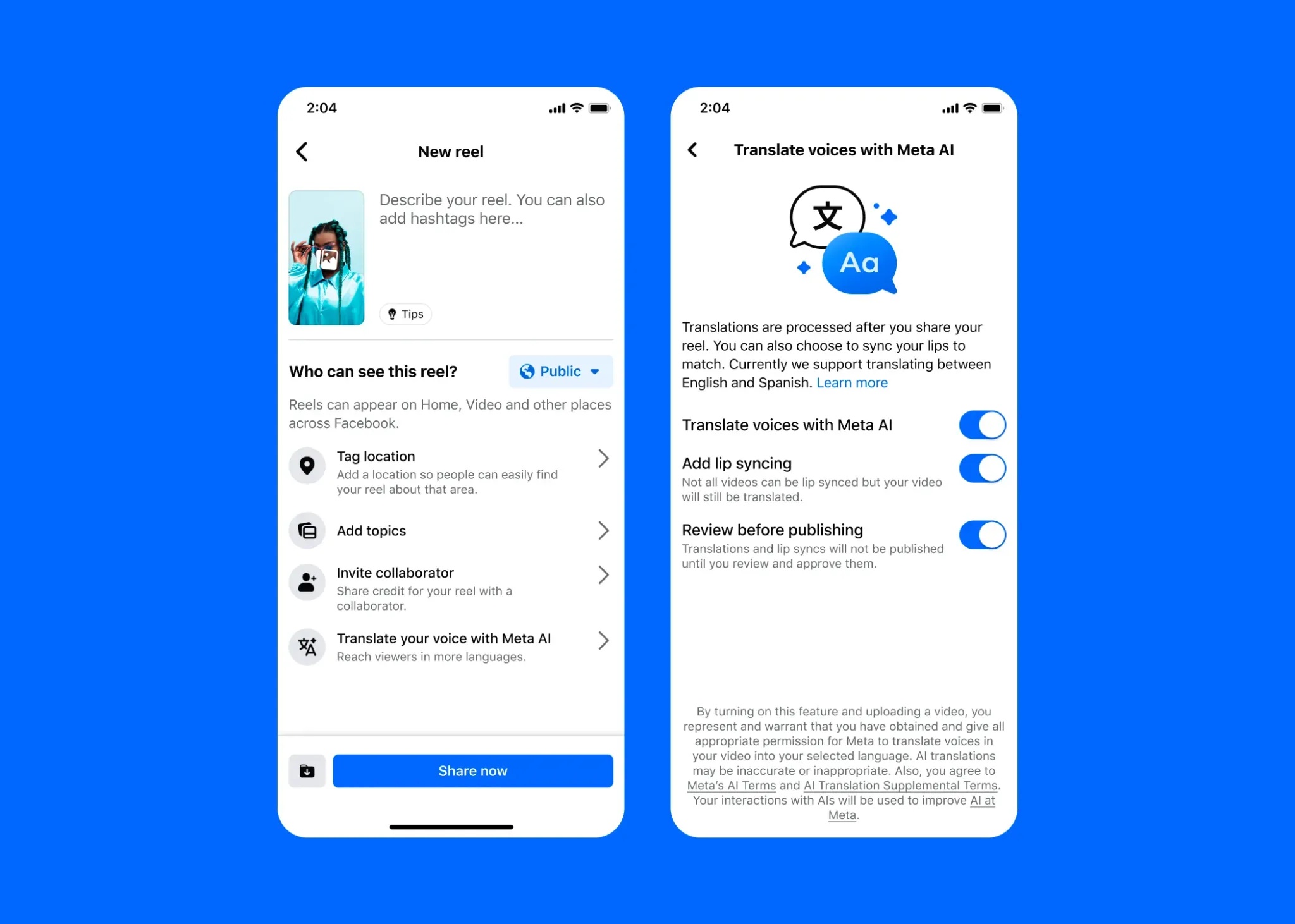 Meta ai dubbing options in facebook reel settings showing toggles for translation lip sync and review before publishing