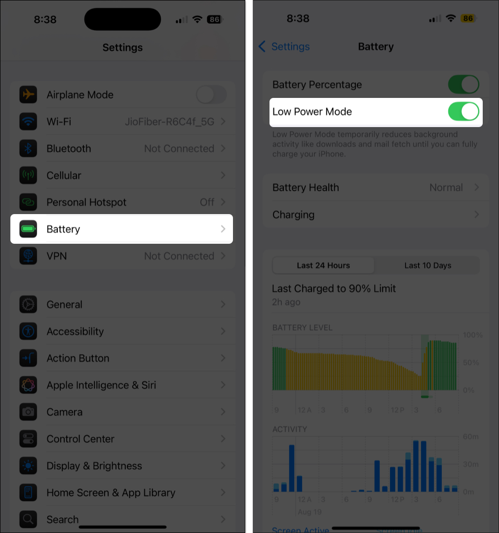Open battery settings to toggle on low power mode on iphone