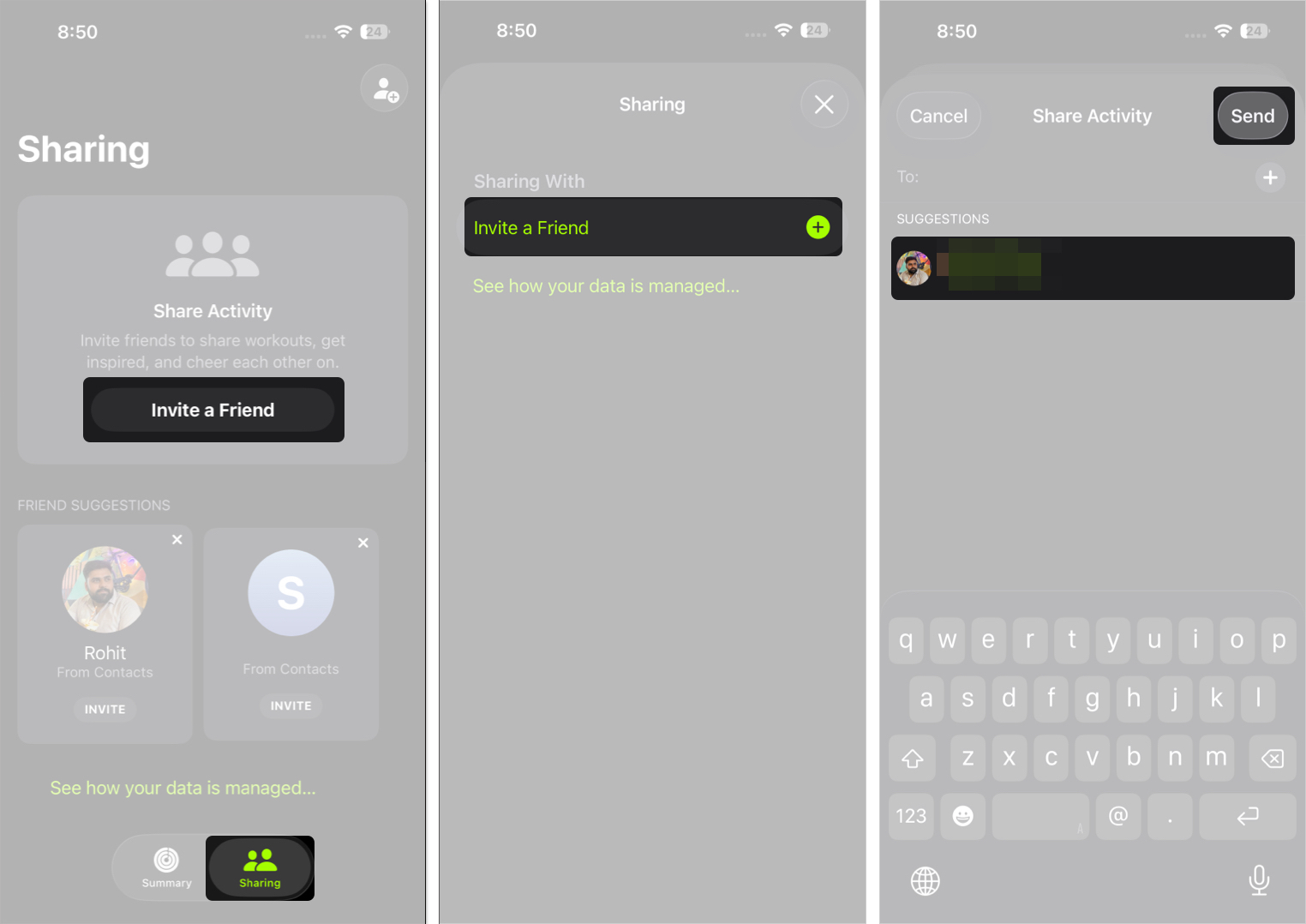 Open fitness app find invite a friend option and send request